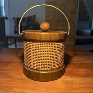 Vintage Mid Century Modern Kraftware Rattan Gold Handled Tiki Ice Bucket